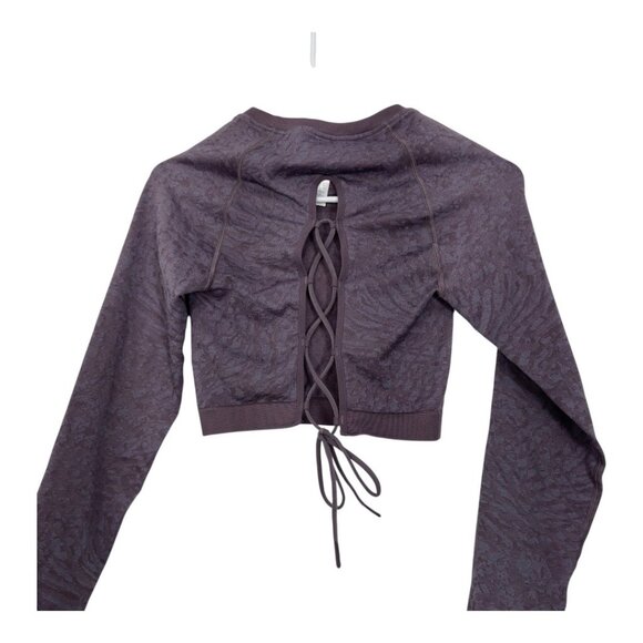 Gymshark Womens Medium Long Sleeve Lace-Back Crop Top Dark Purple Pattern - Picture 3 of 10